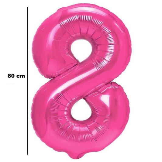 Balon din Folie Metalizata, Figurina Cifra, Tema Aniversare 80 cm, Ambalaj Individual, Pai inclus, Umflare cu Aer sau Heliu, Roz, Cifra 8