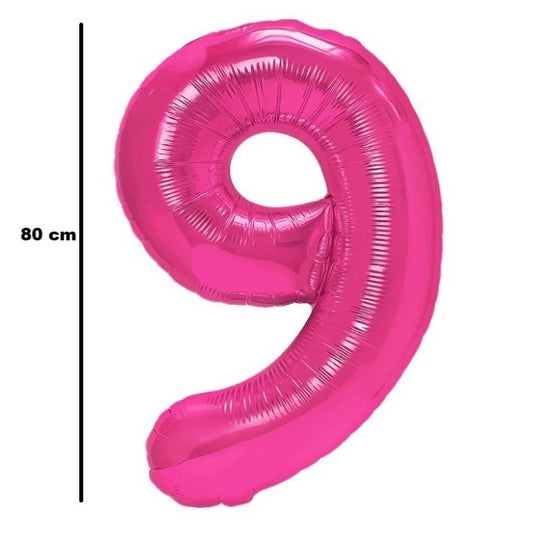 Balon din Folie Metalizata, Figurina Cifra, Tema Aniversare 80 cm, Ambalaj Individual, Pai inclus, Umflare cu Aer sau Heliu, Roz, Cifra 9