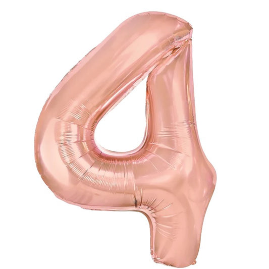 Balon din Folie Metalizata, Figurina Cifra, Tema Aniversare 80 cm, Ambalaj Individual, Pai inclus, Umflare cu Aer sau Heliu, Rose, Cifra 4