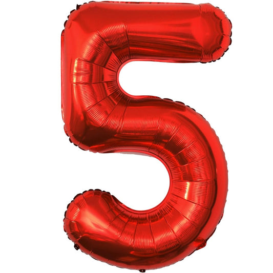 Balon din Folie Metalizata, Figurina Cifra, Tema Aniversare 80 cm, Ambalaj Individual, Pai inclus, Umflare cu Aer sau Heliu, Rosu, Cifra 5