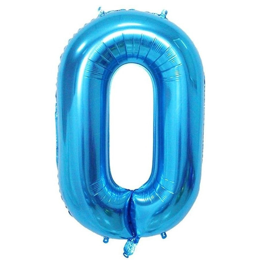 Balon din Folie Metalizata, Figurina Cifra, Tema Aniversare 80 cm, Ambalaj Individual, Pai inclus, Umflare cu Aer sau Heliu, Albastru, Cifra 0