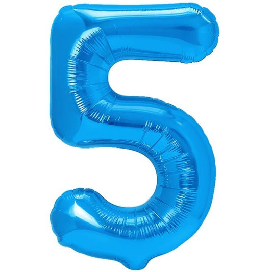 Balon din Folie Metalizata, Figurina Cifra, Tema Aniversare 80 cm, Ambalaj Individual, Pai inclus, Umflare cu Aer sau Heliu, Albastru, Cifra 5