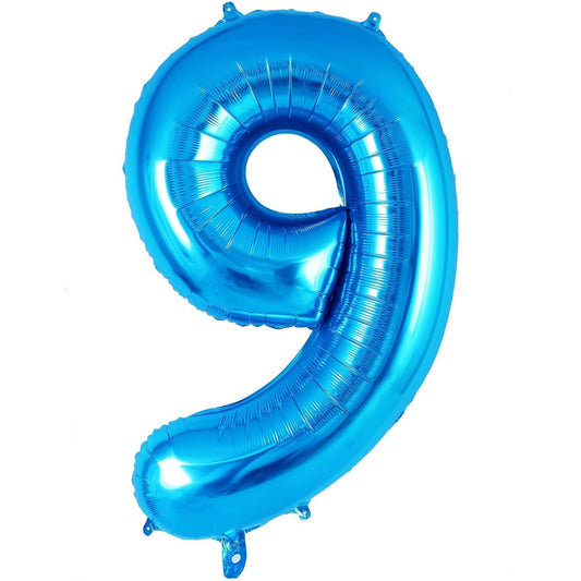 Balon din Folie Metalizata, Figurina Cifra, Tema Aniversare 80 cm, Ambalaj Individual, Pai inclus, Umflare cu Aer sau Heliu, Albastru, Cifra 9