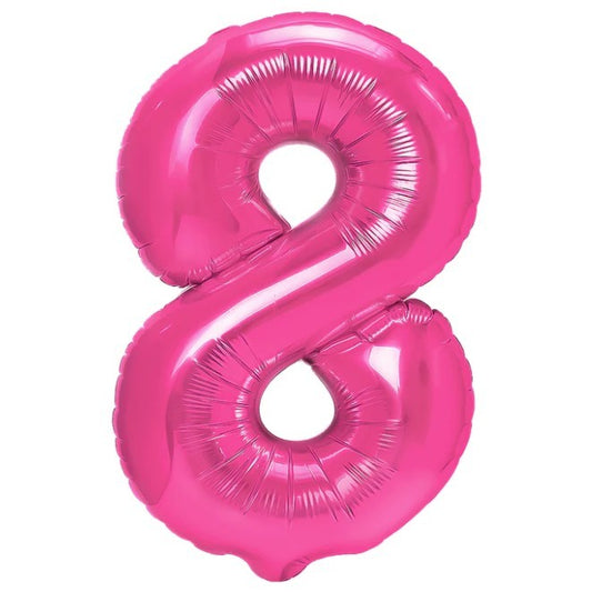 Balon din Folie Metalizata, Figurina Cifra, Tema Aniversare 80 cm, Ambalaj Individual, Pai inclus, Umflare cu Aer sau Heliu, Roz, Cifra 8