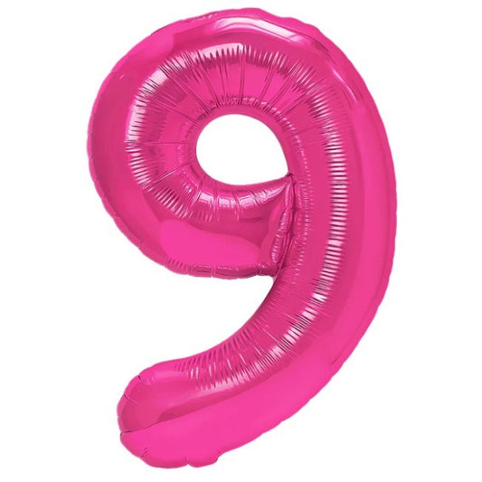 Balon din Folie Metalizata, Figurina Cifra, Tema Aniversare 80 cm, Ambalaj Individual, Pai inclus, Umflare cu Aer sau Heliu, Roz, Cifra 9