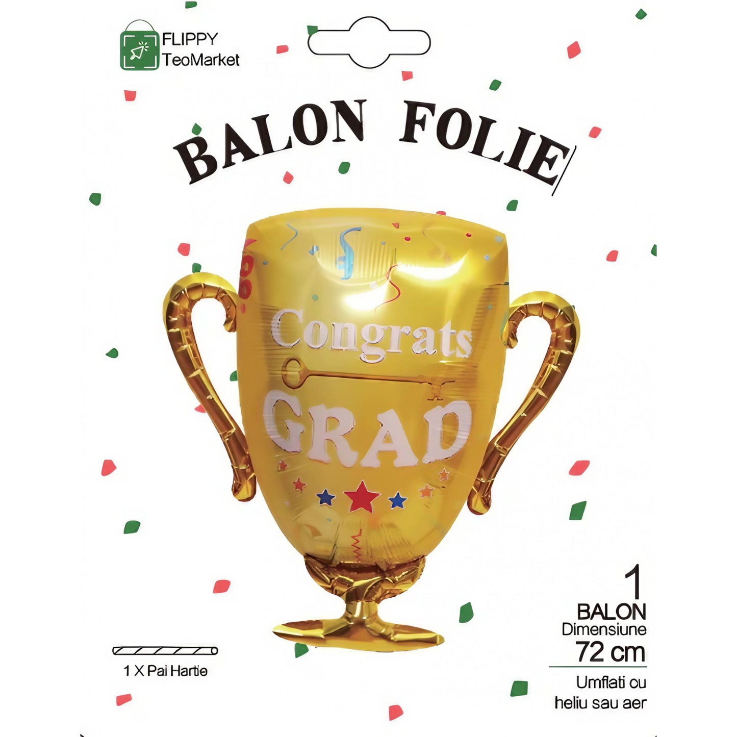 Balon din Folie Metalizata, Figurina Cupa, Tema Absolvire, 65x72cm, Ambalaj Individual, Pai Inclus, Umflare cu Aer sau Heliu, Galben