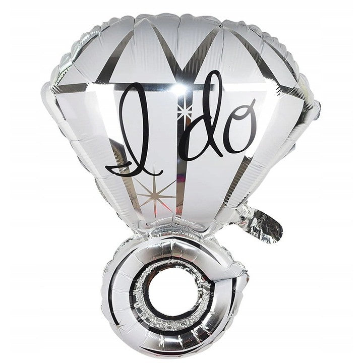 Balon din Folie Metalizata, Figurina Inel de Logodna, Model Diamant, Tema Nunta, 60 cm, Ambalaj Individual, Pai Inclus, Umflare cu Aer sau Heliu, Alb