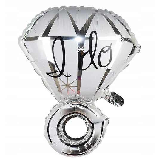 Balon din Folie Metalizata, Figurina Inel de Logodna, Model Diamant, Tema Nunta, 60 cm, Ambalaj Individual, Pai Inclus, Umflare cu Aer sau Heliu, Alb