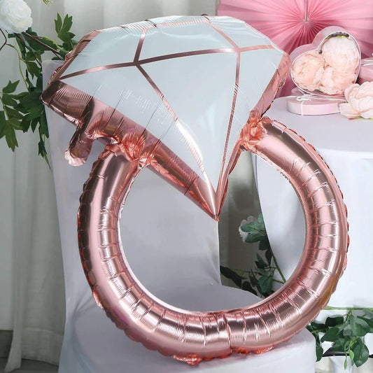 Balon din Folie Metalizata, Figurina Inel de Logodna, Model Diamant, Tema Nunta, 60 cm, Ambalaj Individual, Pai Inclus, Umflare cu Aer sau Heliu, Roz
