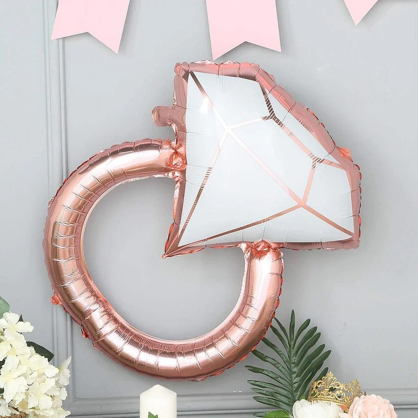 Balon din Folie Metalizata, Figurina Inel de Logodna, Model Diamant, Tema Nunta, 60 cm, Ambalaj Individual, Pai Inclus, Umflare cu Aer sau Heliu, Roz