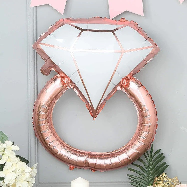 Balon din Folie Metalizata, Figurina Inel de Logodna, Model Diamant, Tema Nunta, 60 cm, Ambalaj Individual, Pai Inclus, Umflare cu Aer sau Heliu, Roz