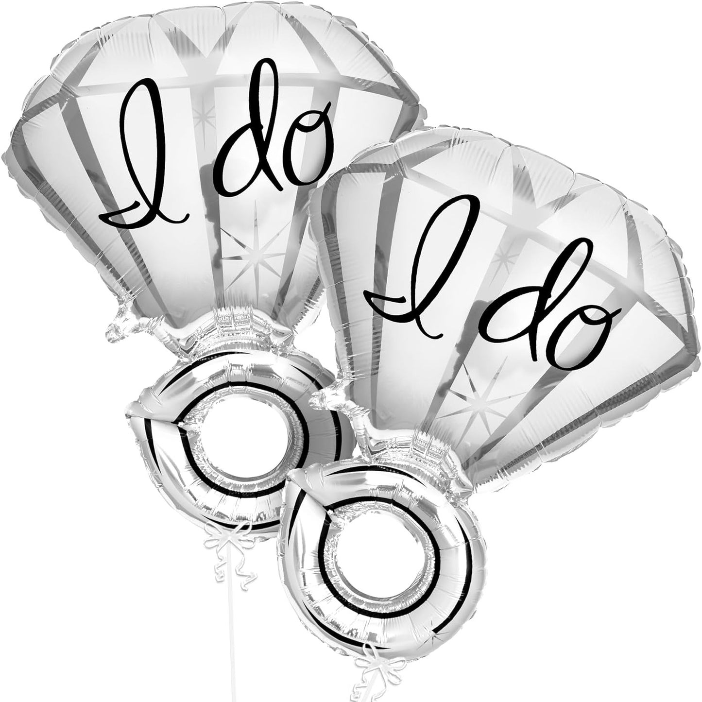 Balon din Folie Metalizata, Figurina Inel de Logodna, Model Diamant, Tema Nunta, 60 cm, Ambalaj Individual, Pai Inclus, Umflare cu Aer sau Heliu, Alb