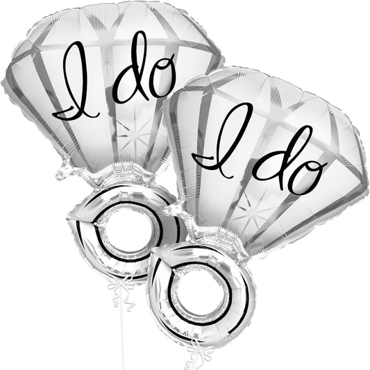 Balon din Folie Metalizata, Figurina Inel de Logodna, Model Diamant, Tema Nunta, 60 cm, Ambalaj Individual, Pai Inclus, Umflare cu Aer sau Heliu, Alb