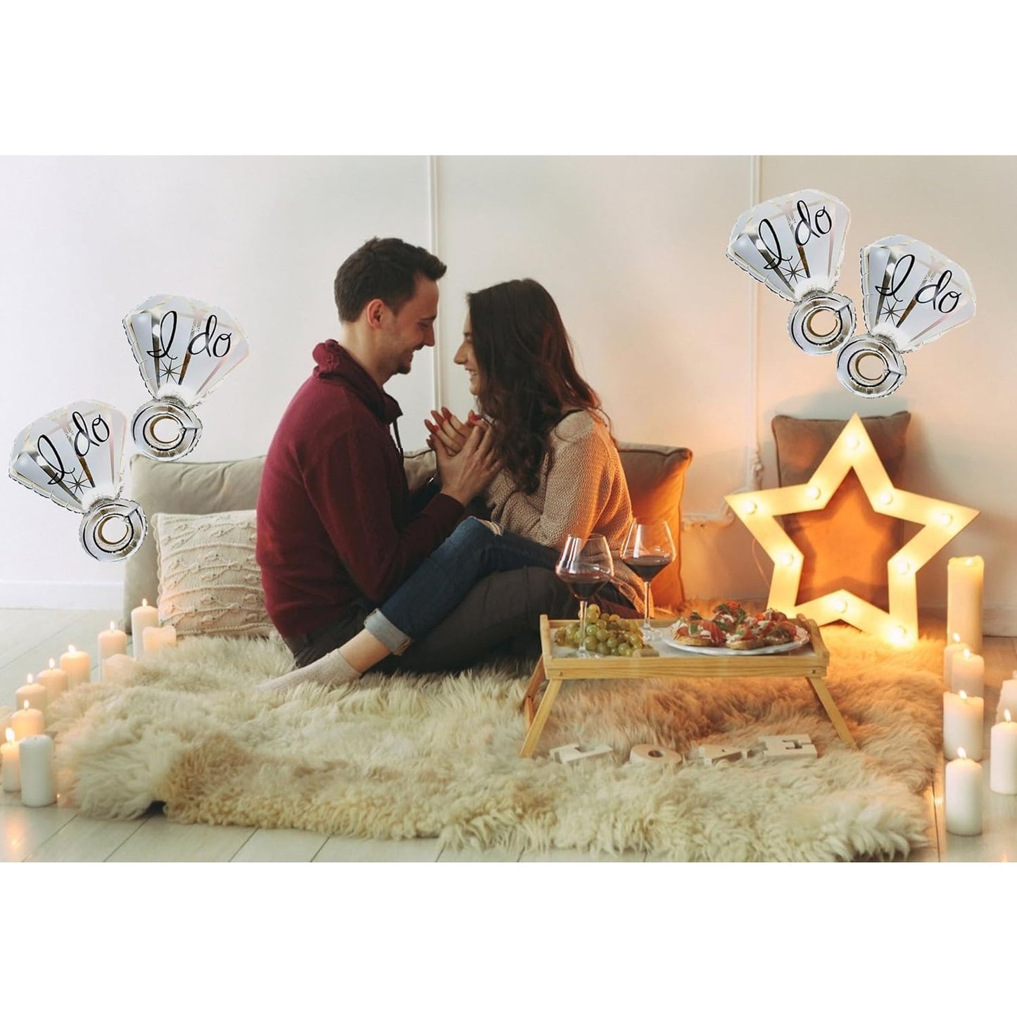 Balon din Folie Metalizata, Figurina Inel de Logodna, Model Diamant, Tema Nunta, 60 cm, Ambalaj Individual, Pai Inclus, Umflare cu Aer sau Heliu, Alb