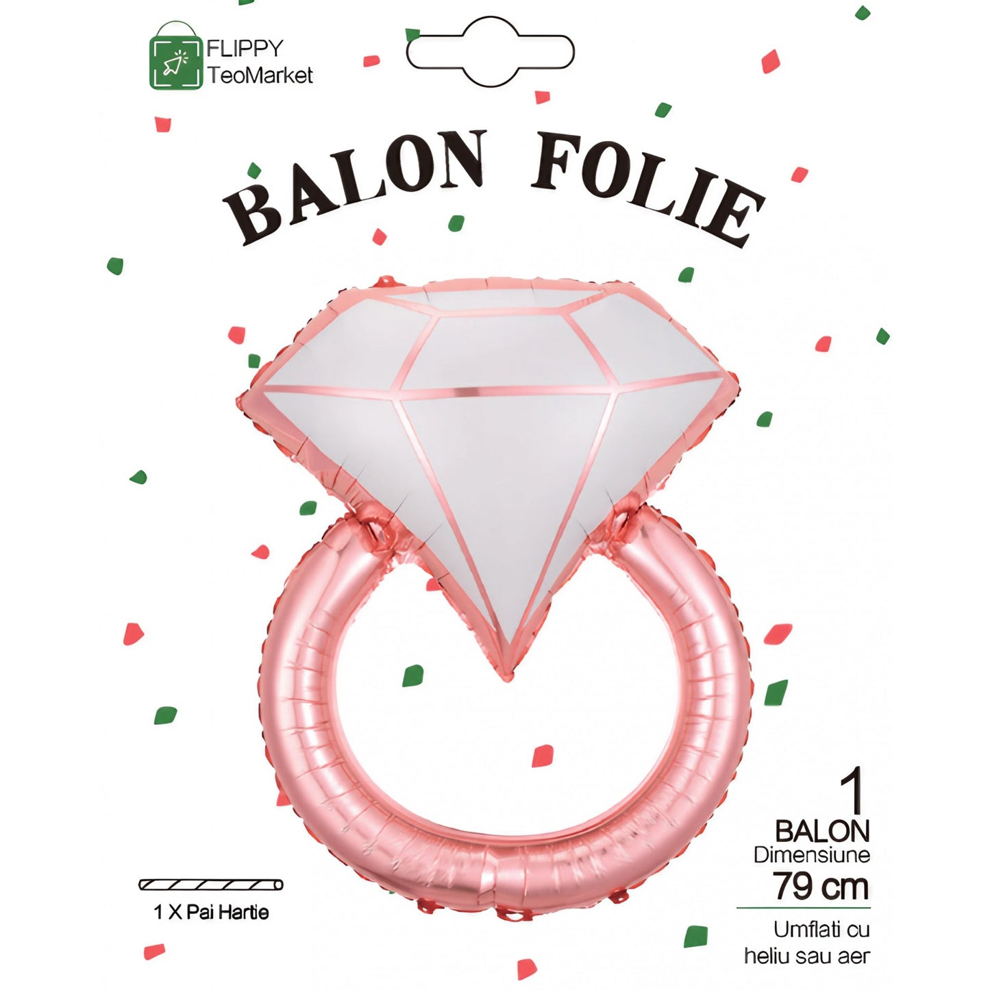 Balon din Folie Metalizata, Figurina Inel de Logodna, Model Diamant, Tema Nunta, 60 cm, Ambalaj Individual, Pai Inclus, Umflare cu Aer sau Heliu, Roz