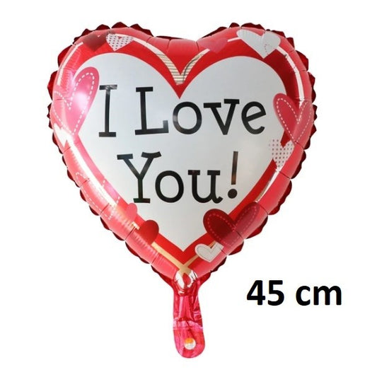 Balon din Folie Metalizata, Figurina Inima, Model I Love You, Tema Ziua Indragostitilor, 45 cm, Ambalaj Individual, Pai Inclus, Umflare cu Aer sau Heliu, Rosu/Alb