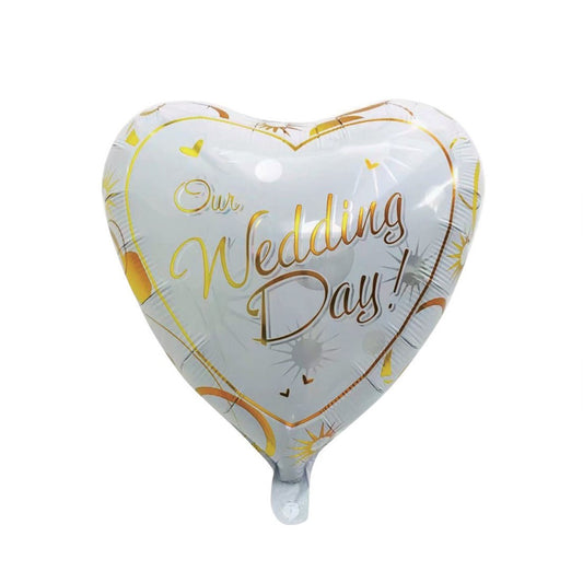 Balon din Folie Metalizata, Figurina Inima, Model Our Wedding Day, Tema Nunta, 45 cm, Ambalaj Individual, Pai Inclus, Umflare cu Aer sau Heliu, Alb/Auriu