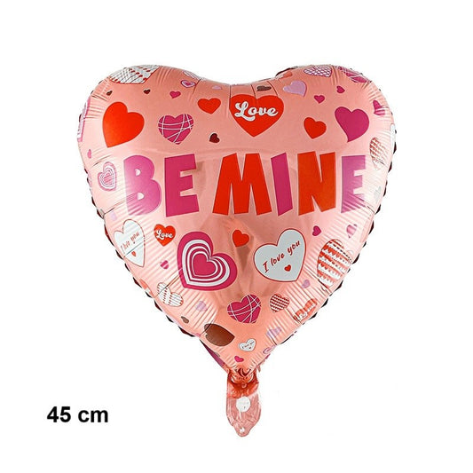 Balon din Folie Metalizata, Figurina Inimioara, Model BE MINE, Tematica Iubire, 45 cm, Ambalaj Individual, Pai Inclus, Umflare cu Aer sau Heliu, Rosu