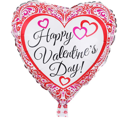 Balon din Folie Metalizata, Figurina Inimioara, Model Happy Valentine's Day, Tematica Iubire, 45 cm, Ambalaj Individual, Pai Inclus, Umflare cu Aer sau Heliu, Rosu