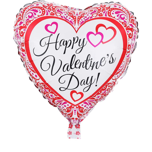 Balon din Folie Metalizata, Figurina Inimioara, Model Happy Valentine's Day, Tematica Iubire, 45 cm, Ambalaj Individual, Pai Inclus, Umflare cu Aer sau Heliu, Rosu