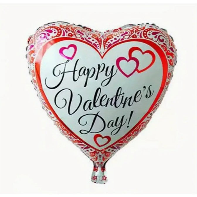 Balon din Folie Metalizata, Figurina Inimioara, Model Happy Valentine's Day, Tematica Iubire, 45 cm, Ambalaj Individual, Pai Inclus, Umflare cu Aer sau Heliu, Rosu