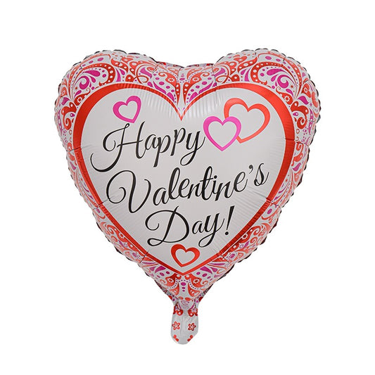 Balon din Folie Metalizata, Figurina Inimioara, Model Happy Valentine's Day, Tematica Iubire, 45 cm, Ambalaj Individual, Pai Inclus, Umflare cu Aer sau Heliu, Rosu