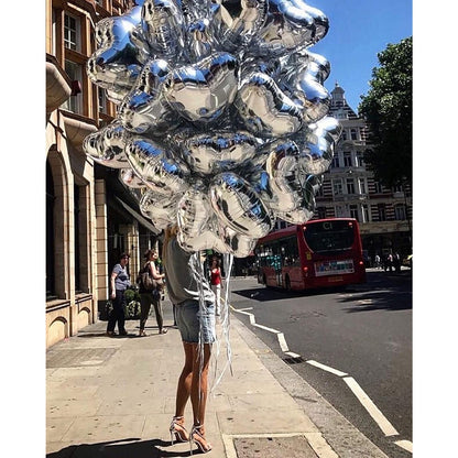 Balon din Folie Metalizata, Figurina Inimioara, Model Simplu, Tematica Iubire, 40 cm, Ambalaj Individual, Pai Inclus, Umflare cu Aer sau Heliu, Argintiu