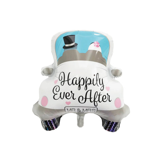 Balon din Folie Metalizata, Figurina Masina, Model Nunta Happily Ever After, Tema Nunta, 60 x 63 cm, Ambalaj Individual, Pai Inclus, Umflare cu Aer sau Heliu, Alb