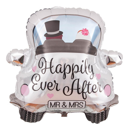 Balon din Folie Metalizata, Figurina Masina, Model Nunta Happily Ever After, Tema Nunta, 60 x 63 cm, Ambalaj Individual, Pai Inclus, Umflare cu Aer sau Heliu, Alb