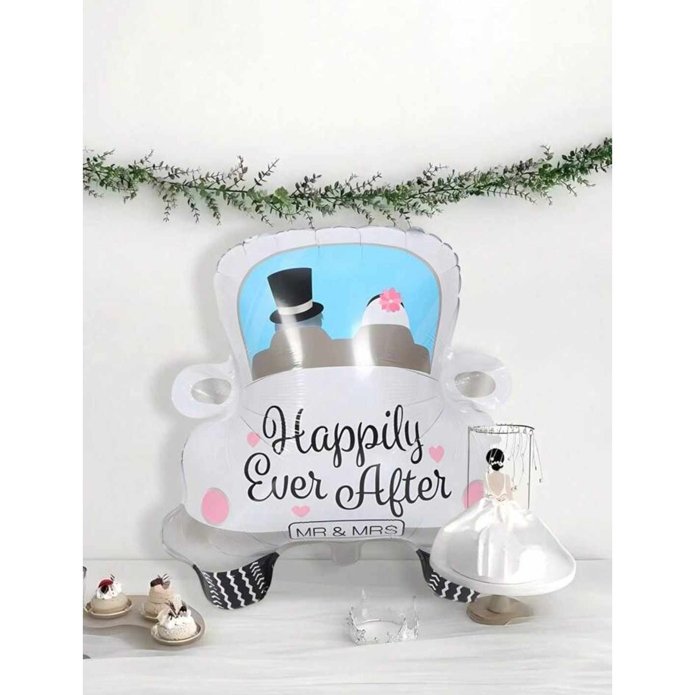 Balon din Folie Metalizata, Figurina Masina, Model Nunta Happily Ever After, Tema Nunta, 60 x 63 cm, Ambalaj Individual, Pai Inclus, Umflare cu Aer sau Heliu, Alb