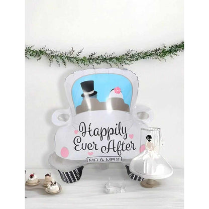 Balon din Folie Metalizata, Figurina Masina, Model Nunta Happily Ever After, Tema Nunta, 60 x 63 cm, Ambalaj Individual, Pai Inclus, Umflare cu Aer sau Heliu, Alb