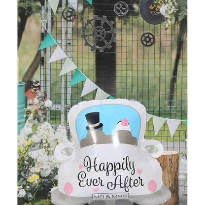 Balon din Folie Metalizata, Figurina Masina, Model Nunta Happily Ever After, Tema Nunta, 60 x 63 cm, Ambalaj Individual, Pai Inclus, Umflare cu Aer sau Heliu, Alb