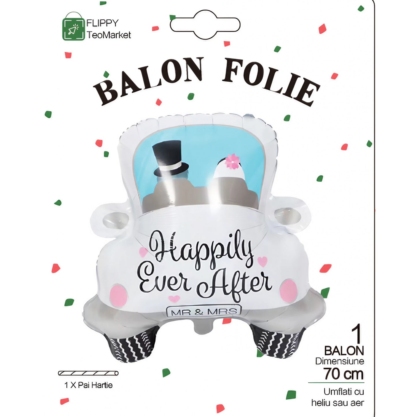 Balon din Folie Metalizata, Figurina Masina, Model Nunta Happily Ever After, Tema Nunta, 60 x 63 cm, Ambalaj Individual, Pai Inclus, Umflare cu Aer sau Heliu, Alb