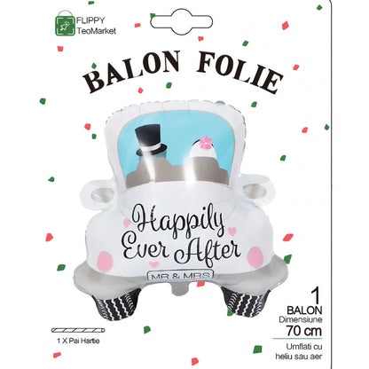 Balon din Folie Metalizata, Figurina Masina, Model Nunta Happily Ever After, Tema Nunta, 60 x 63 cm, Ambalaj Individual, Pai Inclus, Umflare cu Aer sau Heliu, Alb