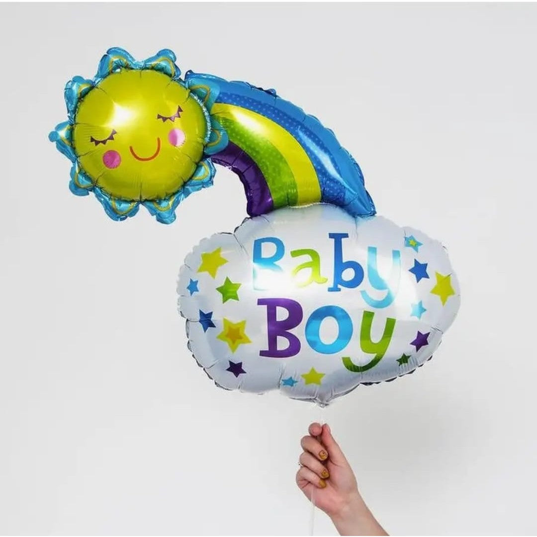 Balon din Folie Metalizata, Figurina Soare si Nor, Tema Botez, 60x53 cm, Ambalaj Individual, Pai Inclus, Umflare cu Aer sau Heliu, Albastru