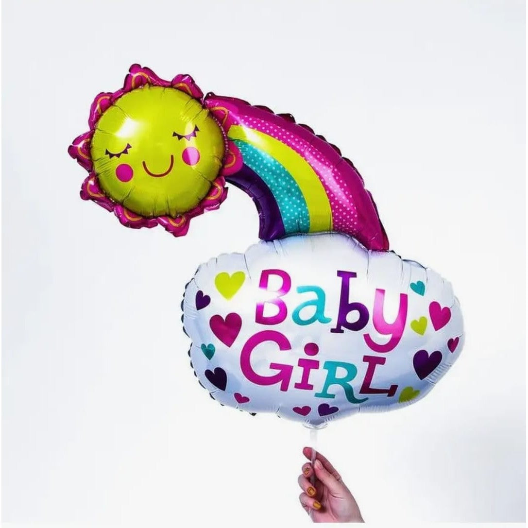 Balon din Folie Metalizata, Figurina Soare si Nor, Tema Botez, 60x53 cm, Ambalaj Individual, Pai Inclus, Umflare cu Aer sau Heliu, Roz