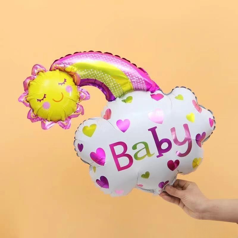 Balon din Folie Metalizata, Figurina Soare si Nor, Tema Botez, 60x53 cm, Ambalaj Individual, Pai Inclus, Umflare cu Aer sau Heliu, Roz