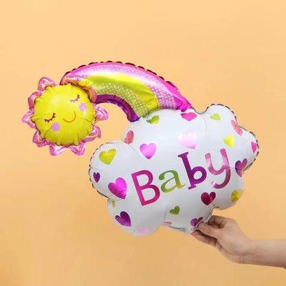 Balon din Folie Metalizata, Figurina Soare si Nor, Tema Botez, 60x53 cm, Ambalaj Individual, Pai Inclus, Umflare cu Aer sau Heliu, Roz