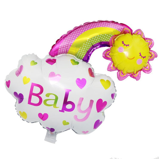 Balon din Folie Metalizata, Figurina Soare si Nor, Tema Botez, 60x53 cm, Ambalaj Individual, Pai Inclus, Umflare cu Aer sau Heliu, Roz