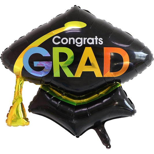 Balon din Folie Metalizata, Figurina, Model Toca Congrats Grad, Tematica Absolvire,  66x66 cm, Ambalaj Individual, Pai Inclus, Umflare cu Aer sau Heliu, Negru