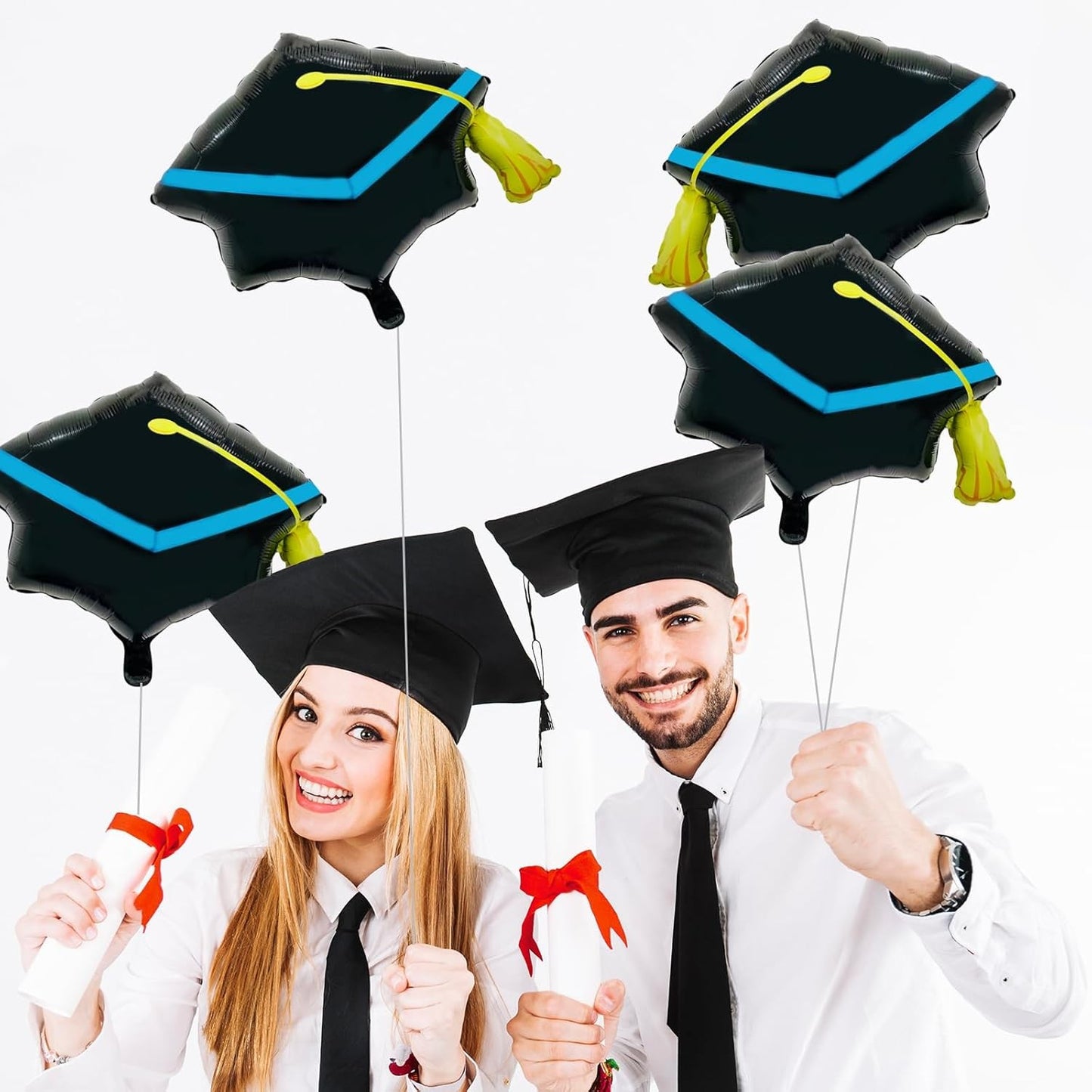 Balon din Folie Metalizata, Figurina, Model Toca Congrats Grad, Tematica Absolvire, 56x70 cm, Ambalaj Individual, Pai Inclus, Umflare cu Aer sau Heliu, Negru-Albastru