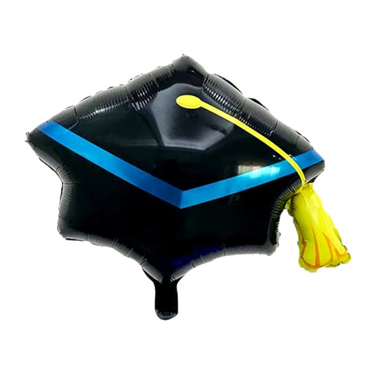 Balon din Folie Metalizata, Figurina, Model Toca Congrats Grad, Tematica Absolvire, 56x70 cm, Ambalaj Individual, Pai Inclus, Umflare cu Aer sau Heliu, Negru-Albastru