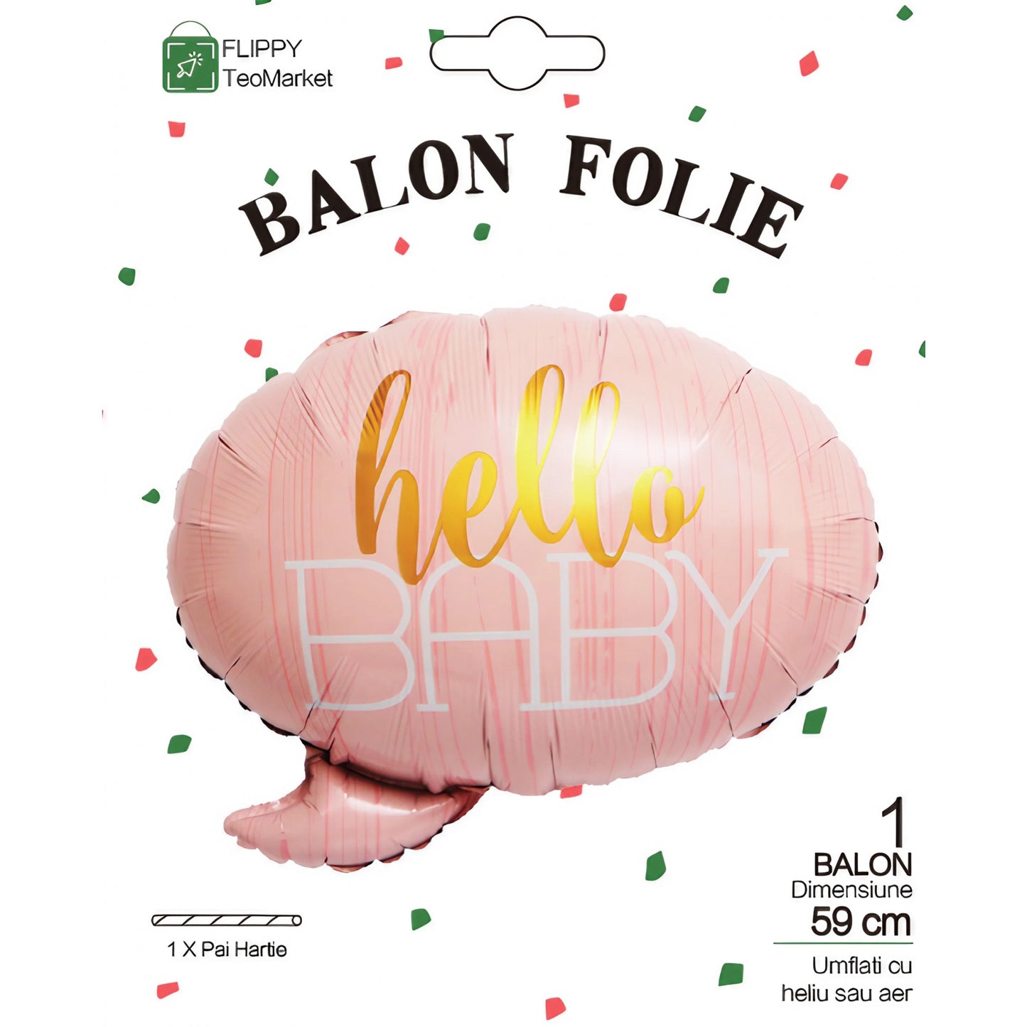 Balon din Folie Metalizata, Figurina Norisor, Tema Hello Baby , 59x50 cm, Ambalaj Individual, Pai Inclus, Umflare cu Aer sau Heliu, Roz
