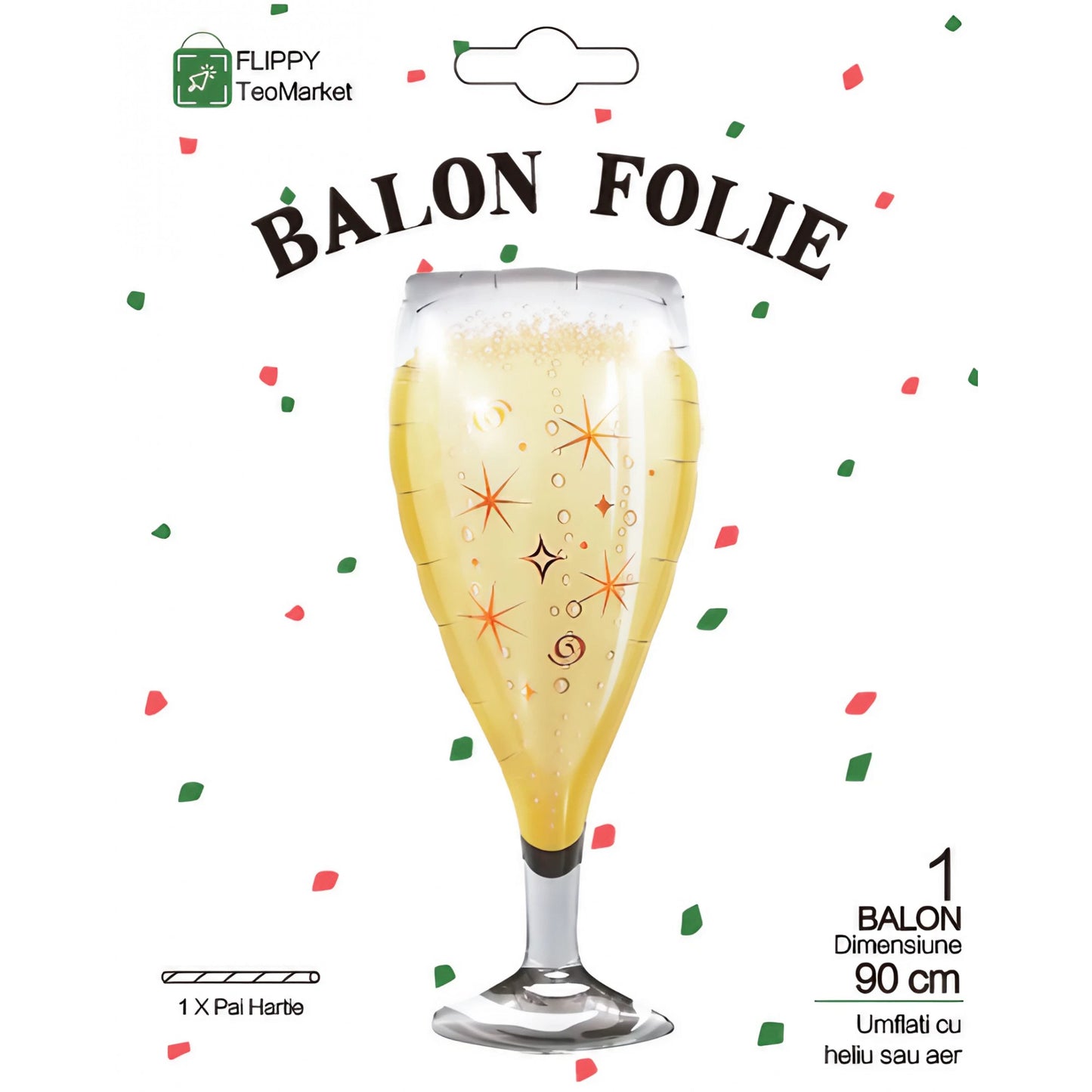 Balon din Folie Metalizata, Figurina Pahar de Sampanie, Tema Aniversare, 100x40 cm, Ambalaj Individual, Pai Inclus, Umflare cu Aer sau Heliu, Auriu