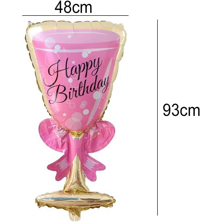 Balon din Folie Metalizata, Figurina Pahar de Vin, Tema Aniversare, 93x48 cm, Ambalaj Individual, Pai Inclus, Umflare cu Aer sau Heliu, Roz