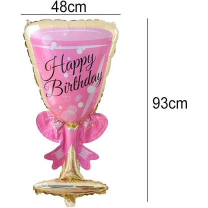 Balon din Folie Metalizata, Figurina Pahar de Vin, Tema Aniversare, 93x48 cm, Ambalaj Individual, Pai Inclus, Umflare cu Aer sau Heliu, Roz