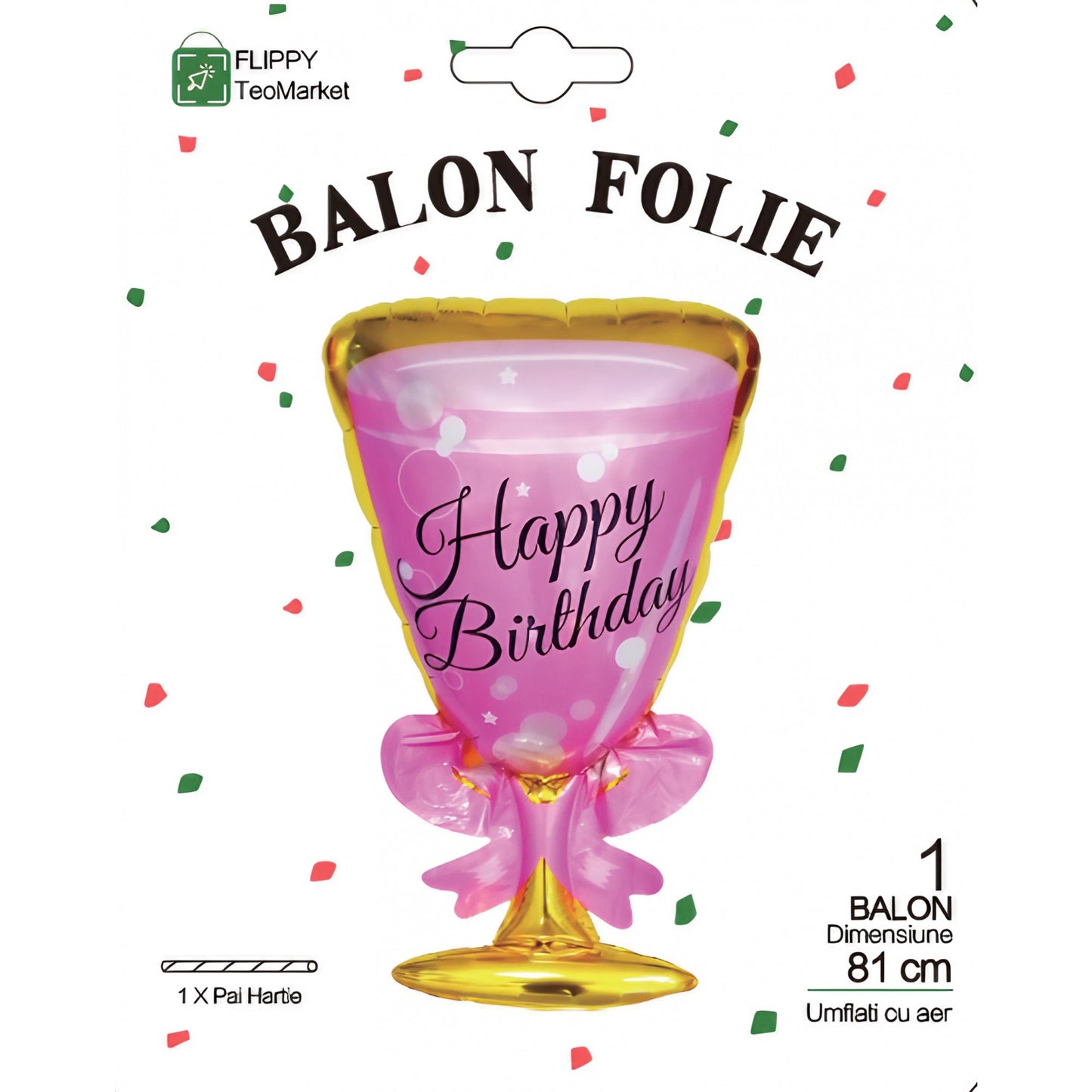 Balon din Folie Metalizata, Figurina Pahar de Vin, Tema Aniversare, 93x48 cm, Ambalaj Individual, Pai Inclus, Umflare cu Aer sau Heliu, Roz