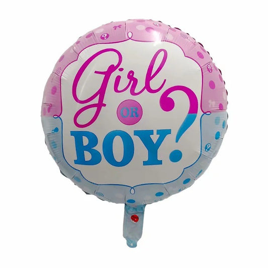 Balon din Folie Metalizata, Figurina Rotunda, Model Girl or Boy, Tema Gender Reveal, 45 cm, Ambalaj Individual, Pai Inclus, Umflare cu Aer sau Heliu, Albastru/Roz
