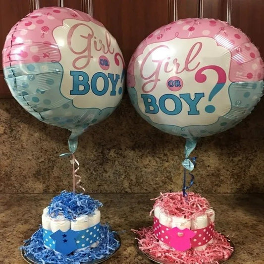 Balon din Folie Metalizata, Figurina Rotunda, Model Girl or Boy, Tema Gender Reveal, 45 cm, Ambalaj Individual, Pai Inclus, Umflare cu Aer sau Heliu, Albastru/Roz