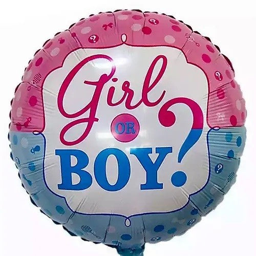 Balon din Folie Metalizata, Figurina Rotunda, Model Girl or Boy, Tema Gender Reveal, 45 cm, Ambalaj Individual, Pai Inclus, Umflare cu Aer sau Heliu, Albastru/Roz